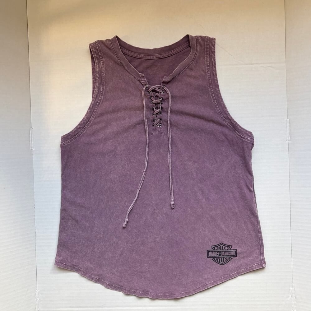 HARLEY DAVIDSON Womens Biker Tank Lace Up Shield Logo Distressed Cotton